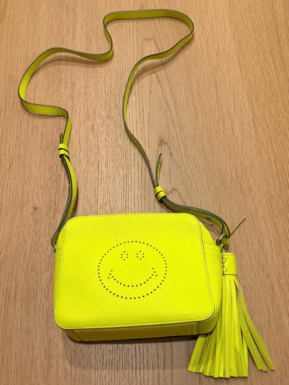 Anya Hindmarch Neon Yellow Perforated Smiley Leather Crossbody - Picture 2 of 11